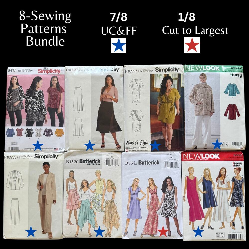 8-Piece Bundle Lot Sewing Pattern Y2k 2020s Vintage Boho Handkerchief Top Dress